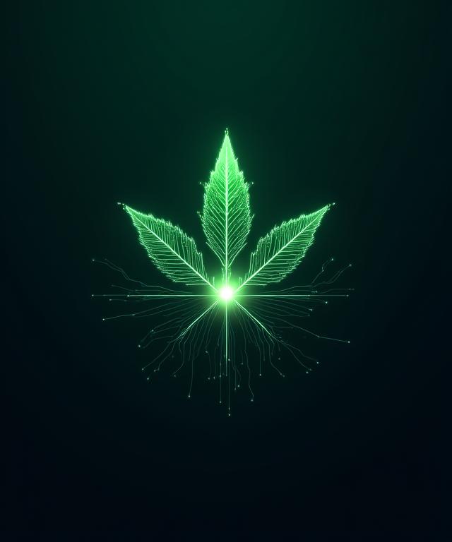An artistic representation of a leaf integrating with a circuit board pattern.