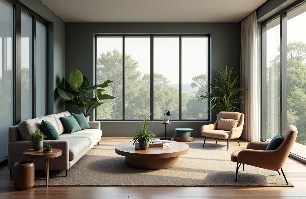 A beautifully designed modern living room space with sustainable furniture.