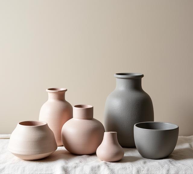 A collection of ceramic homeware with minimalist branding.