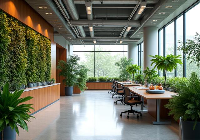 A modern, open-plan office interior with biophilic design elements.